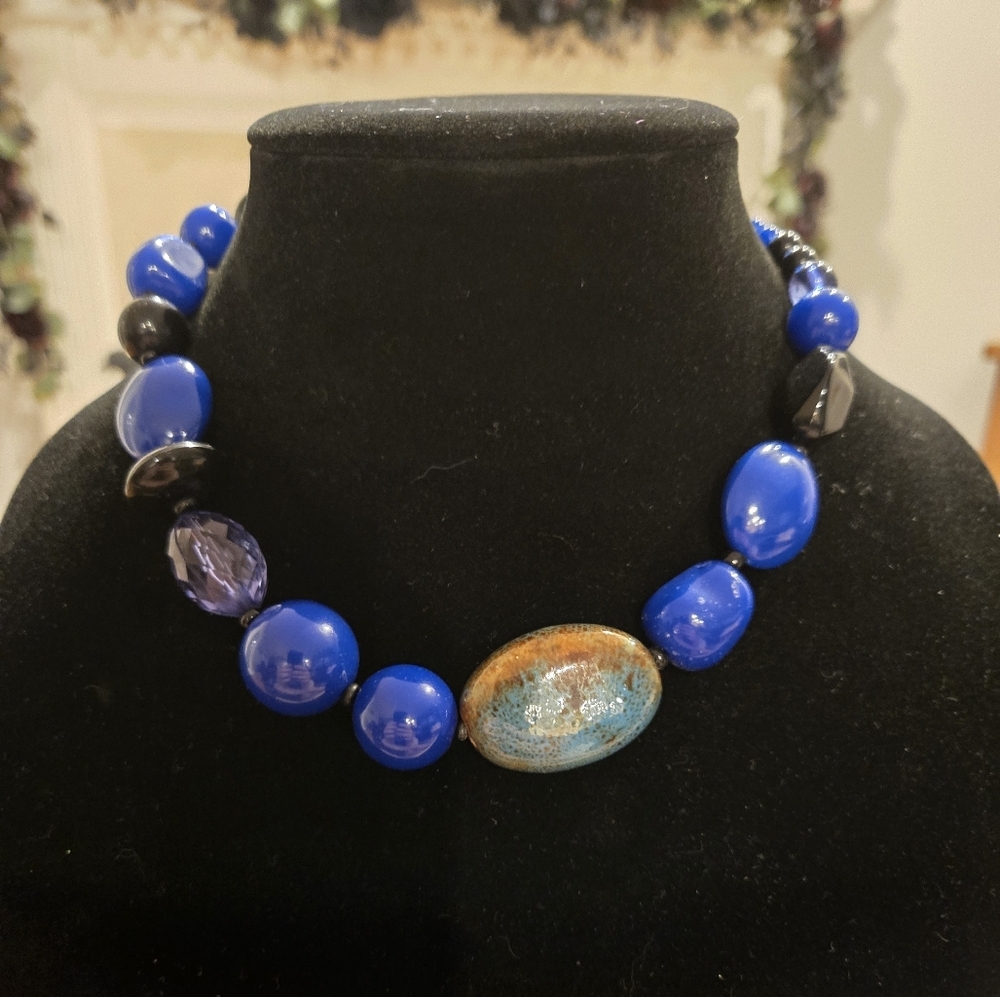 Blue and Black Beaded Necklace